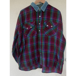 Rocky Mountain Featherbed Western Plaid Flannel Snap Button Shirt Suede Collar